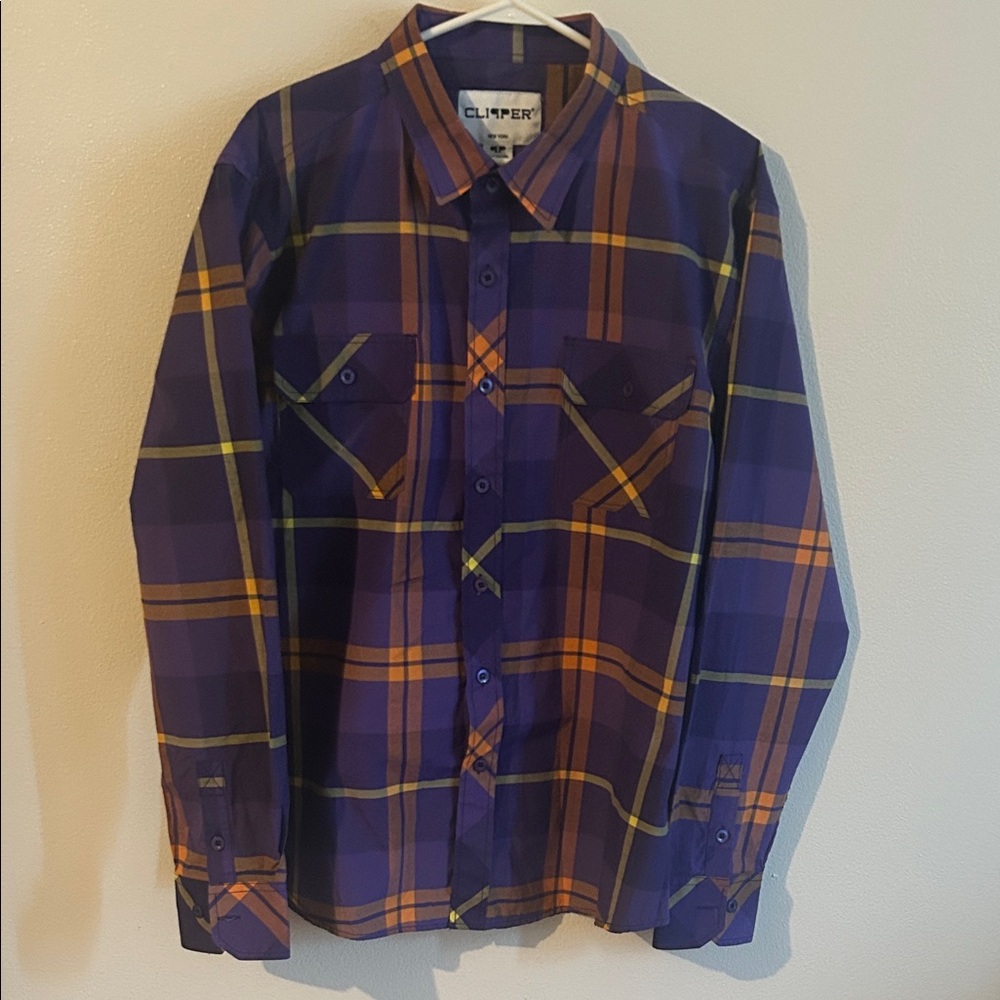 Clipper Men's Purple/Orange Plaid Cotton/Poly 2X Long Sleeve Chest Pockets Shirt